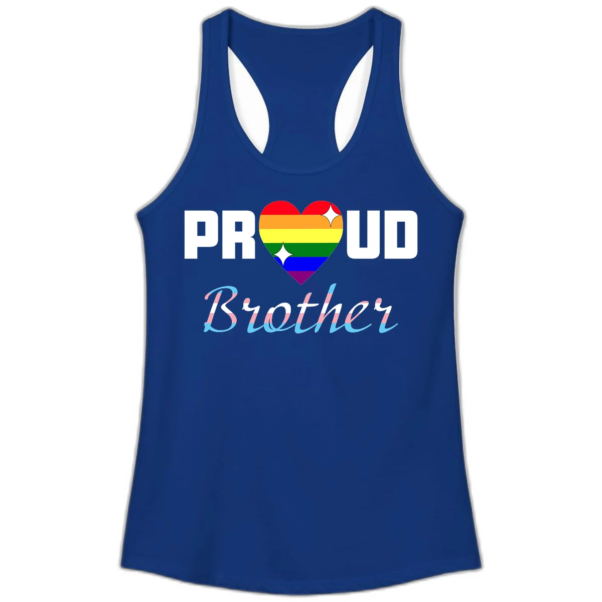 Proud Brother Pride design with rainbow-striped heart and colorful text celebrating LGBTQ+ pride and family support in Solid Royal