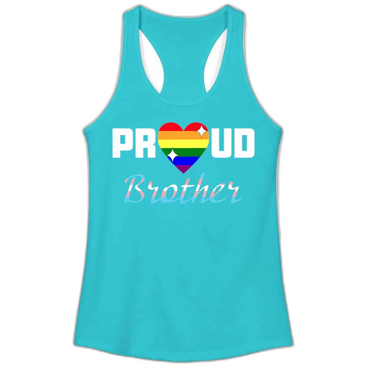Proud Brother Pride design with rainbow-striped heart and colorful text celebrating LGBTQ+ pride and family support in Solid Tahiti Blue