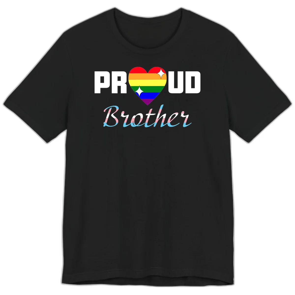 Proud Brother Pride design with rainbow-striped heart and colorful text celebrating LGBTQ+ pride and family support in Black