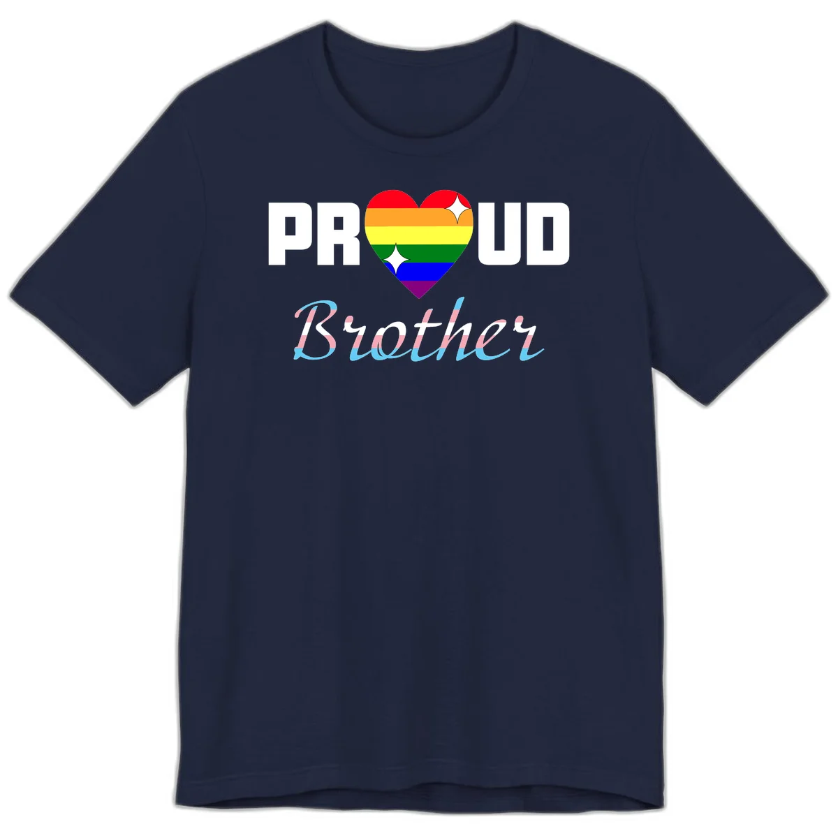 Proud Brother Pride design with rainbow-striped heart and colorful text celebrating LGBTQ+ pride and family support in Navy
