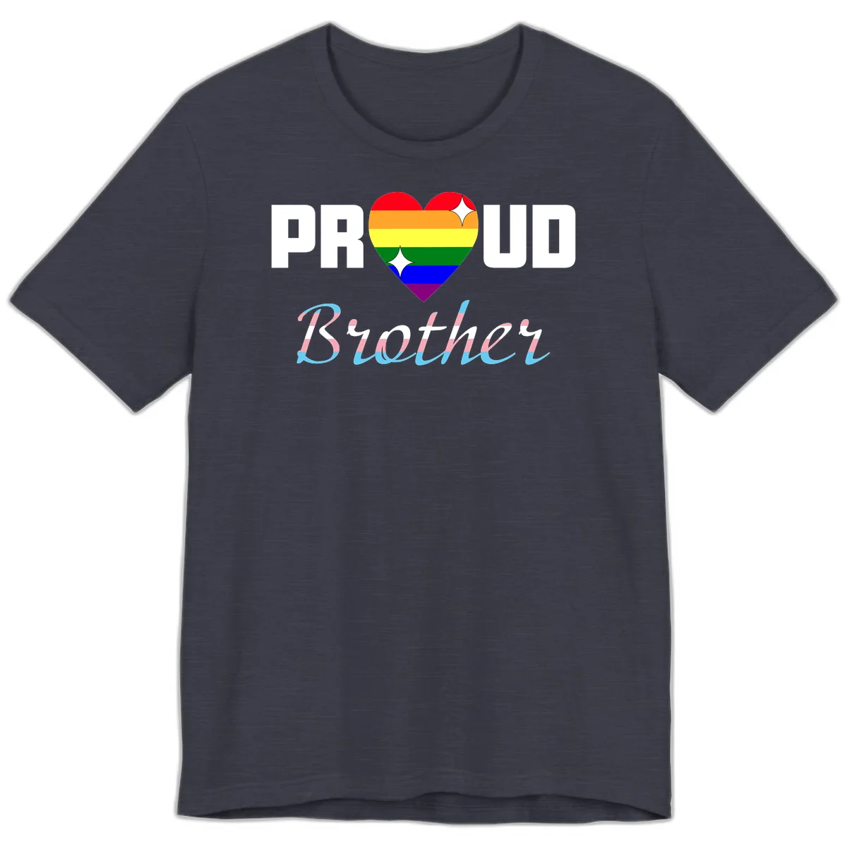 Proud Brother Pride design with rainbow-striped heart and colorful text celebrating LGBTQ+ pride and family support in Heather Midnight Navy