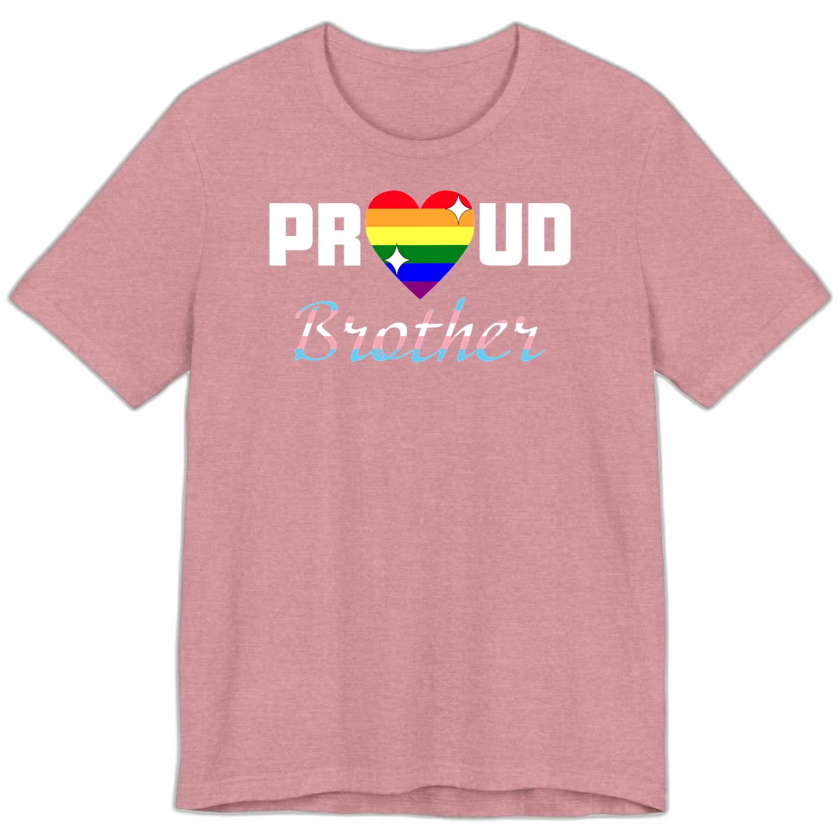 Proud Brother Pride design with rainbow-striped heart and colorful text celebrating LGBTQ+ pride and family support in Heather Orchid
