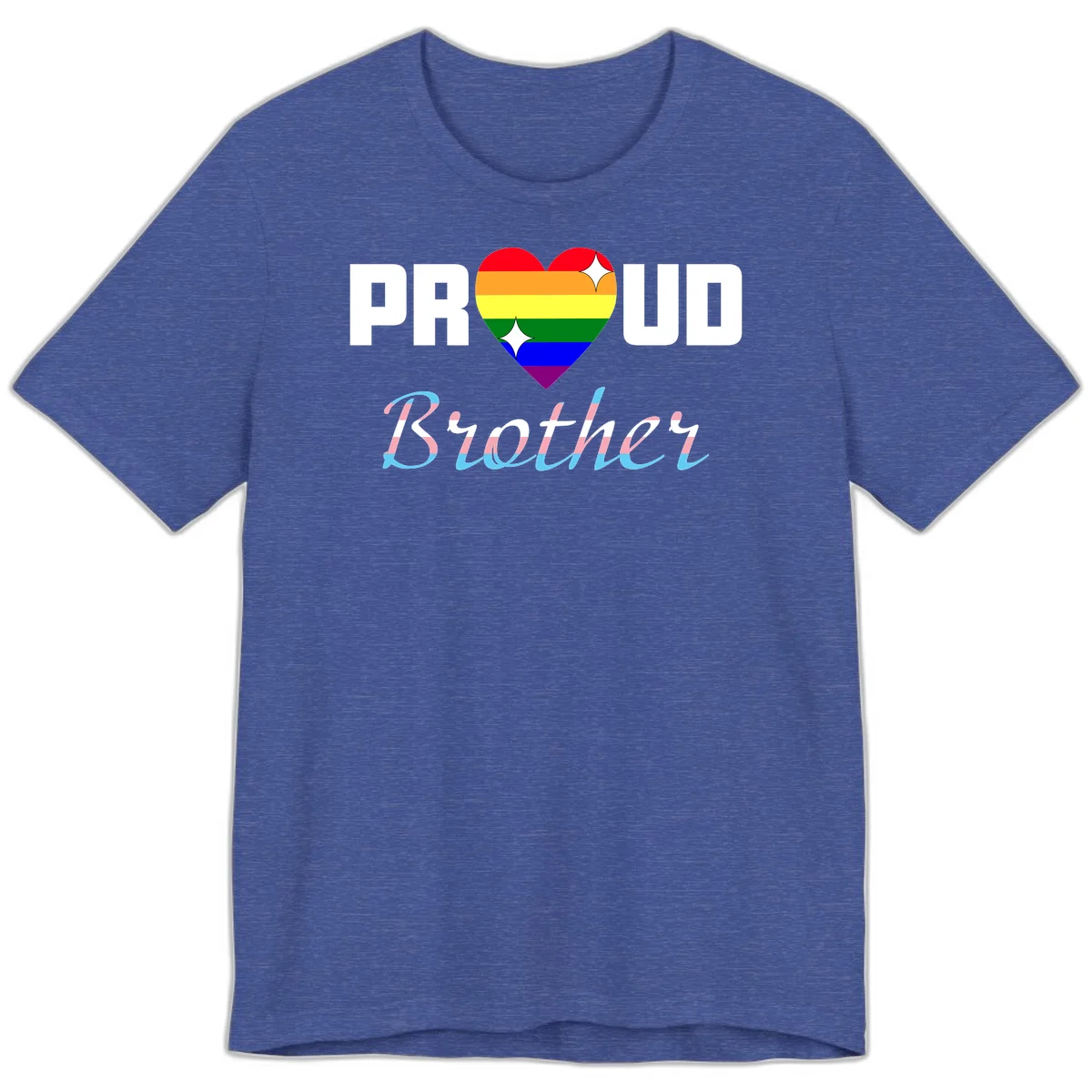 Proud Brother Pride design with rainbow-striped heart and colorful text celebrating LGBTQ+ pride and family support in Heather True Royal