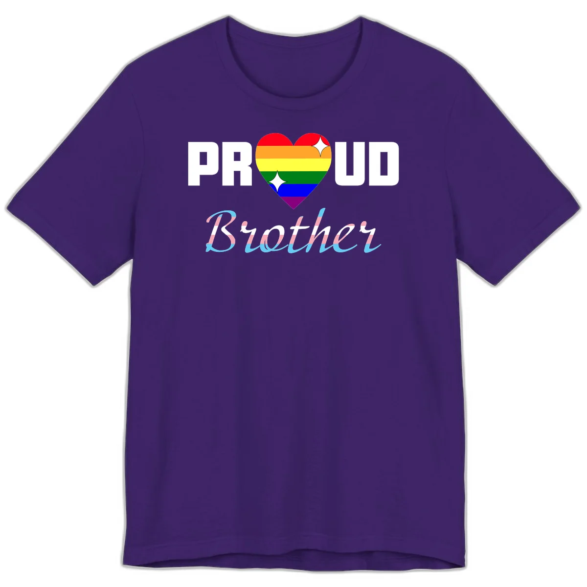 Proud Brother Pride design with rainbow-striped heart and colorful text celebrating LGBTQ+ pride and family support in Team Purple