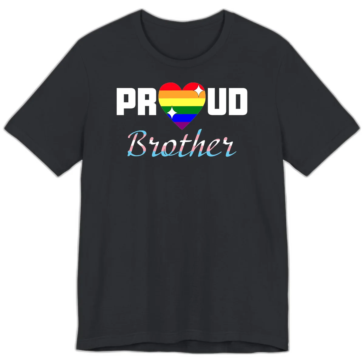 Proud Brother Pride design with rainbow-striped heart and colorful text celebrating LGBTQ+ pride and family support in Vintage Black