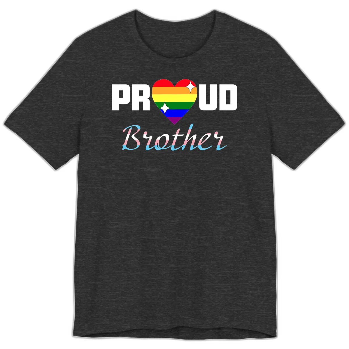 Proud Brother Pride design with rainbow-striped heart and colorful text celebrating LGBTQ+ pride and family support in Dark Grey Heather