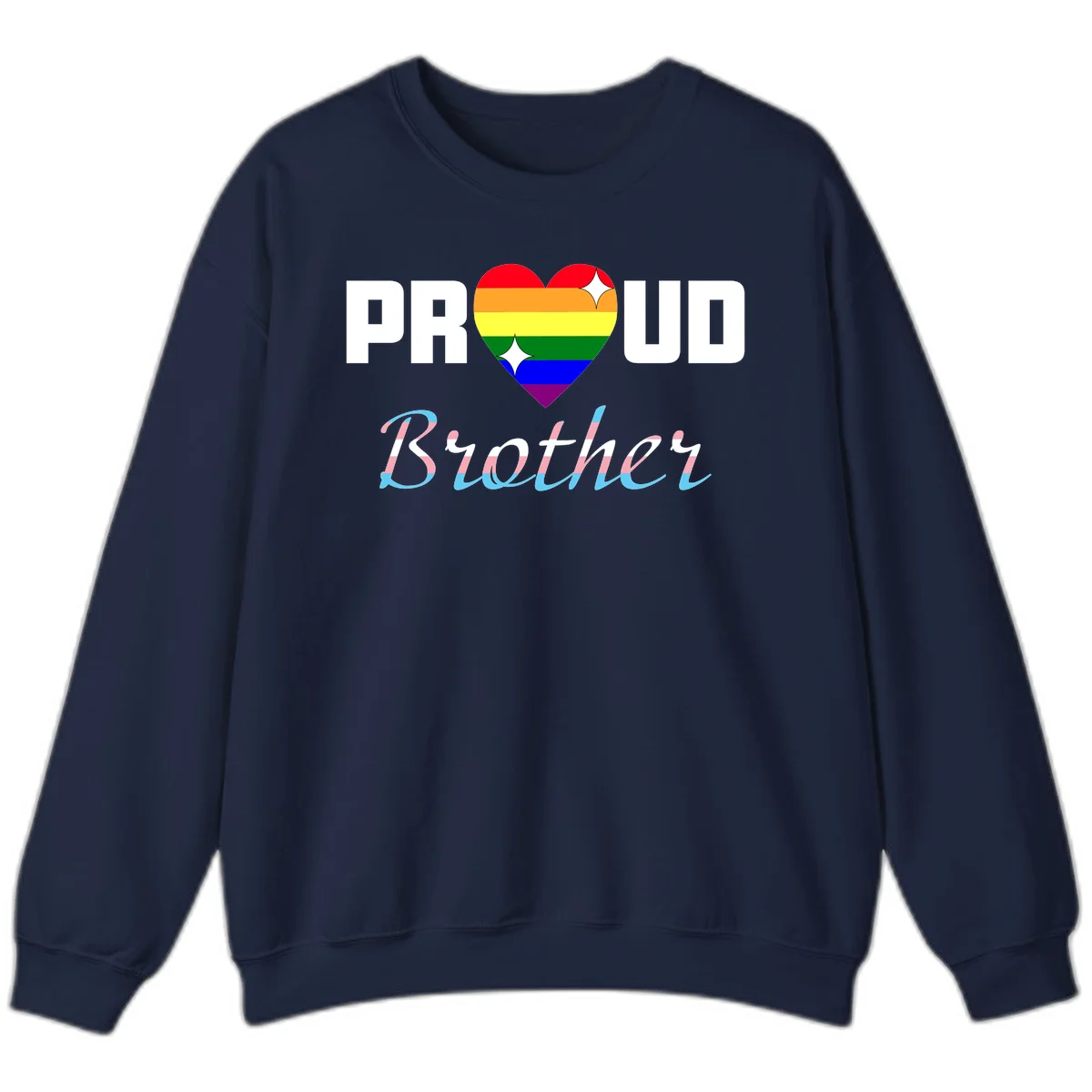 Proud Brother Pride design with rainbow-striped heart and colorful text celebrating LGBTQ+ pride and family support in Navy