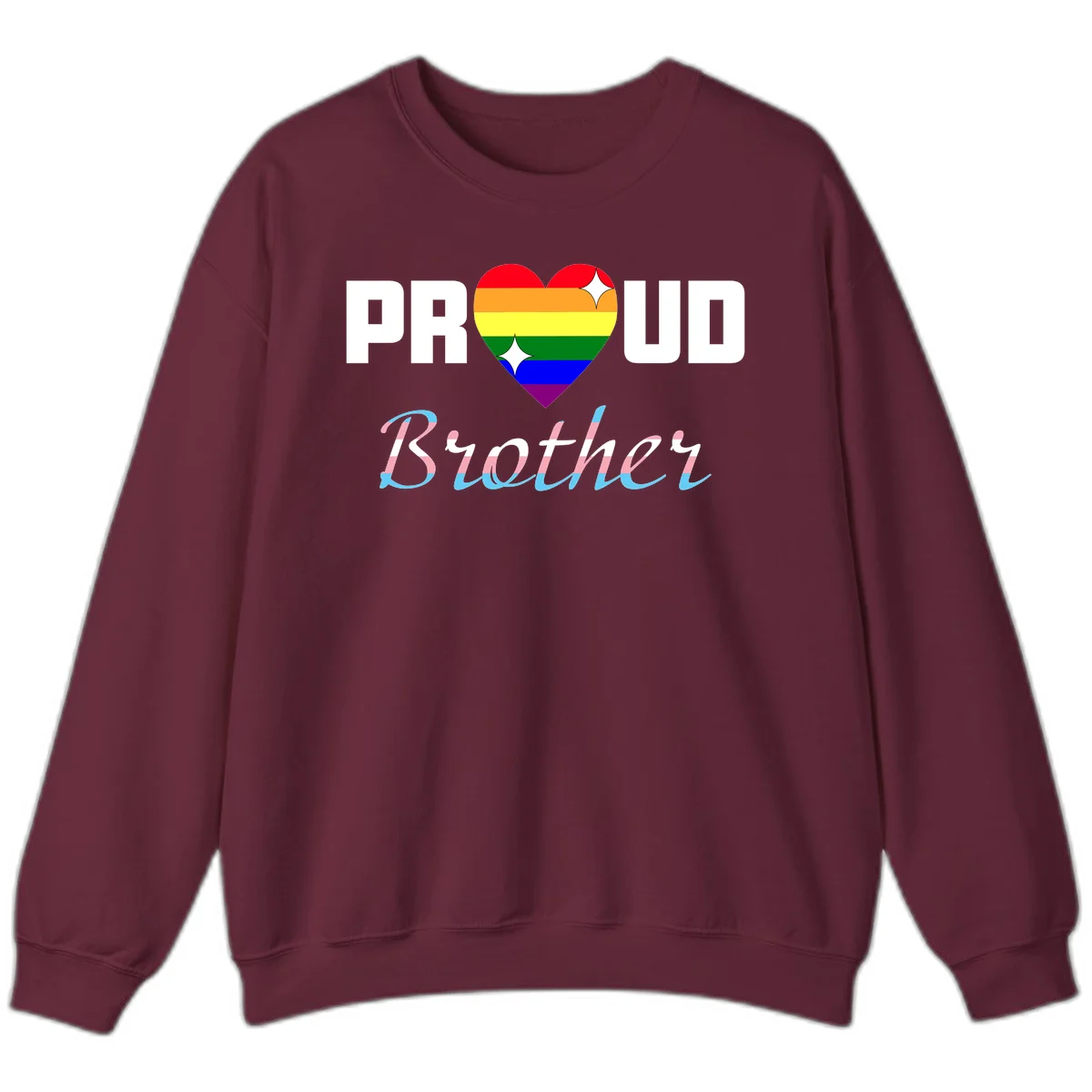 Proud Brother Pride design with rainbow-striped heart and colorful text celebrating LGBTQ+ pride and family support in Maroon