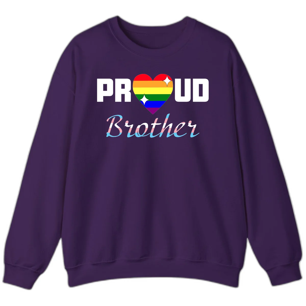 Proud Brother Pride design with rainbow-striped heart and colorful text celebrating LGBTQ+ pride and family support in Purple