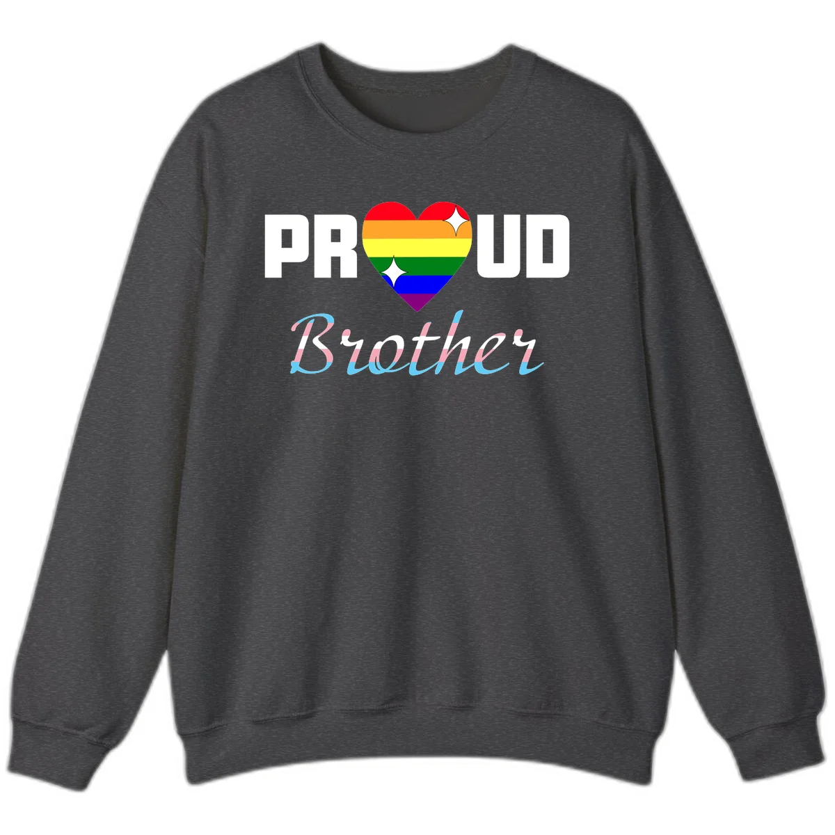 Proud Brother Pride design with rainbow-striped heart and colorful text celebrating LGBTQ+ pride and family support in Dark Heather
