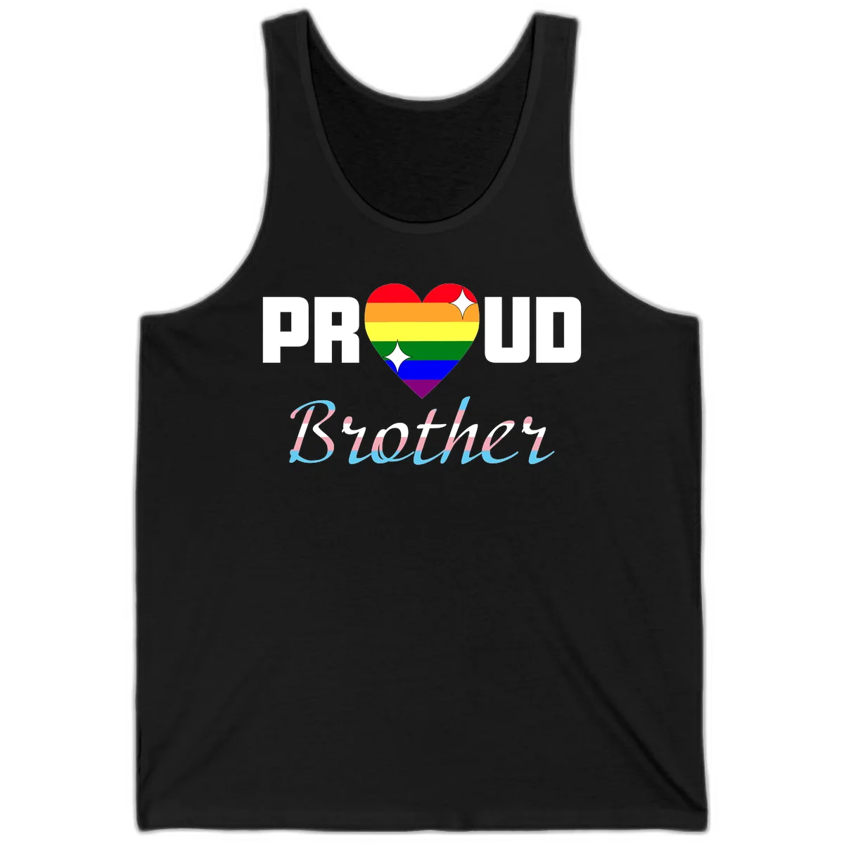 Proud Brother Pride design with rainbow-striped heart and colorful text celebrating LGBTQ+ pride and family support in Black