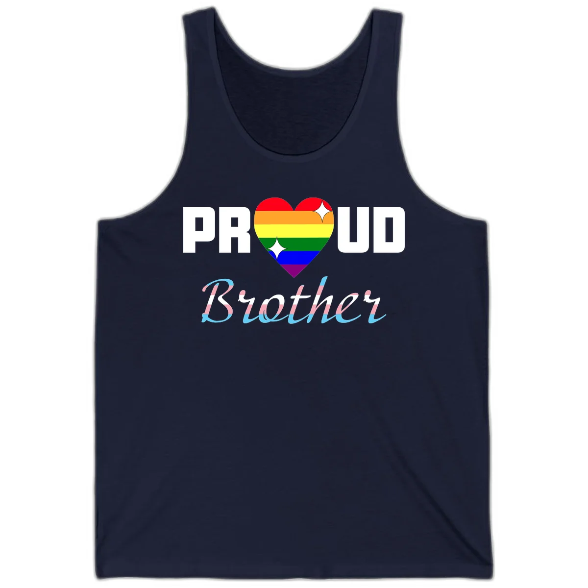 Proud Brother Pride design with rainbow-striped heart and colorful text celebrating LGBTQ+ pride and family support in Navy