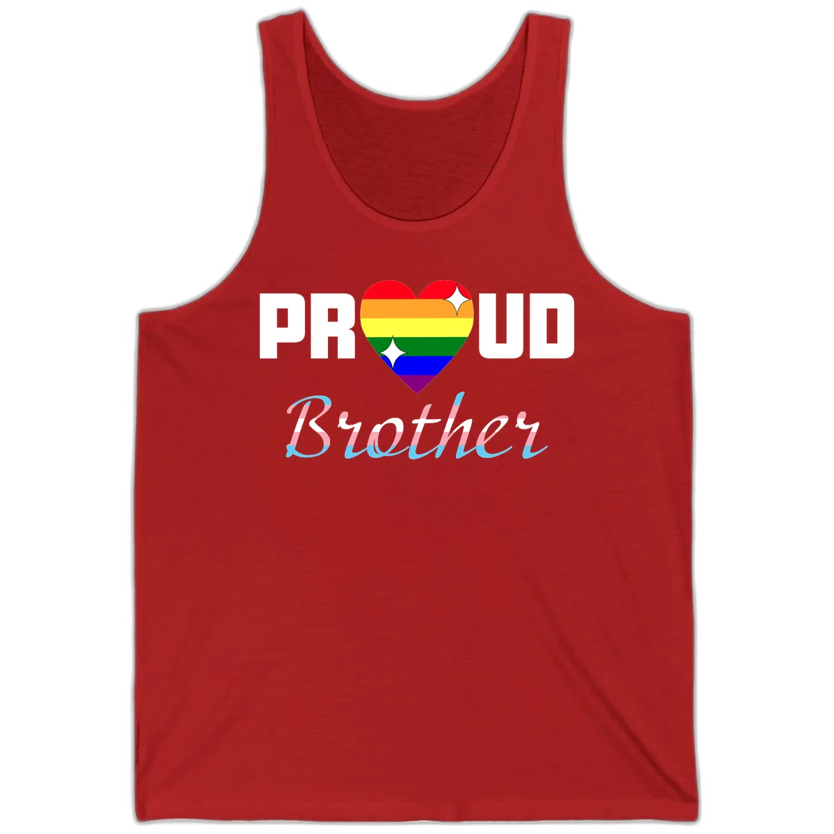 Proud Brother Pride design with rainbow-striped heart and colorful text celebrating LGBTQ+ pride and family support in Red