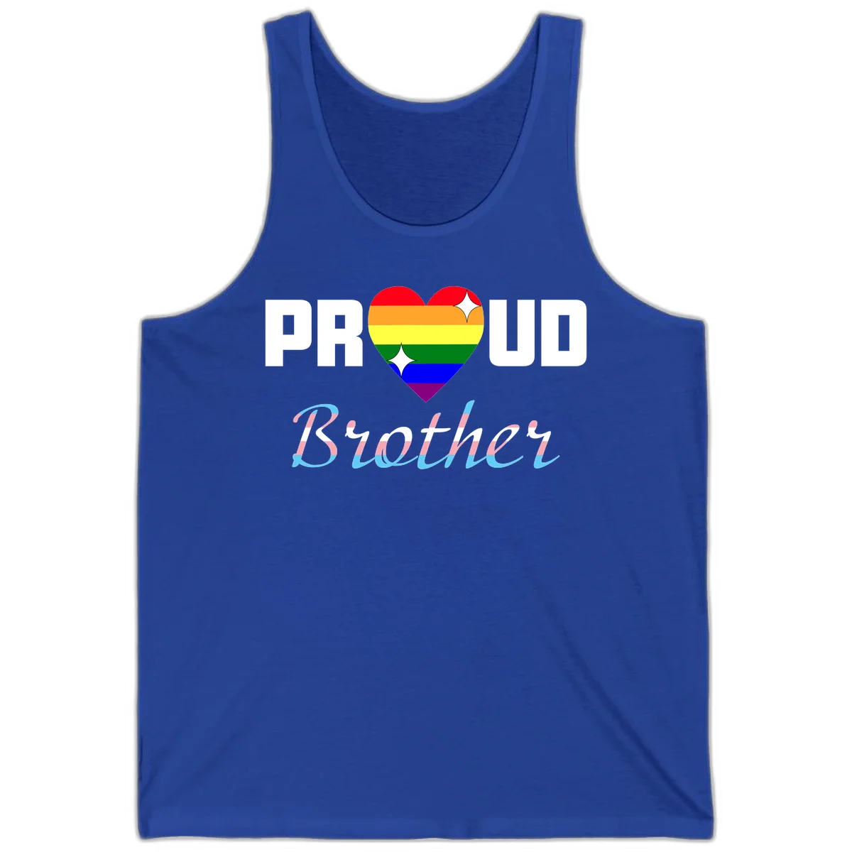 Proud Brother Pride design with rainbow-striped heart and colorful text celebrating LGBTQ+ pride and family support in True Royal