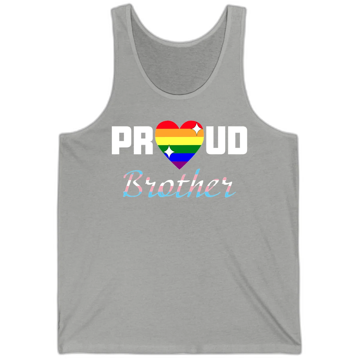 Proud Brother Pride design with rainbow-striped heart and colorful text celebrating LGBTQ+ pride and family support in Athletic Heather