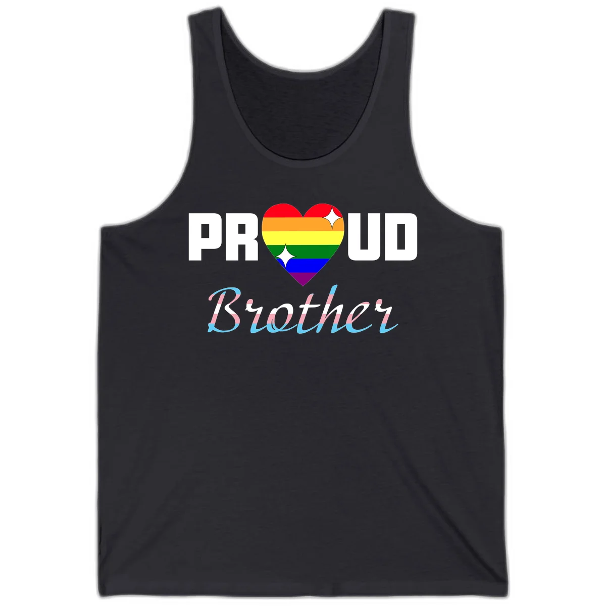 Proud Brother Pride design with rainbow-striped heart and colorful text celebrating LGBTQ+ pride and family support in Dark Grey