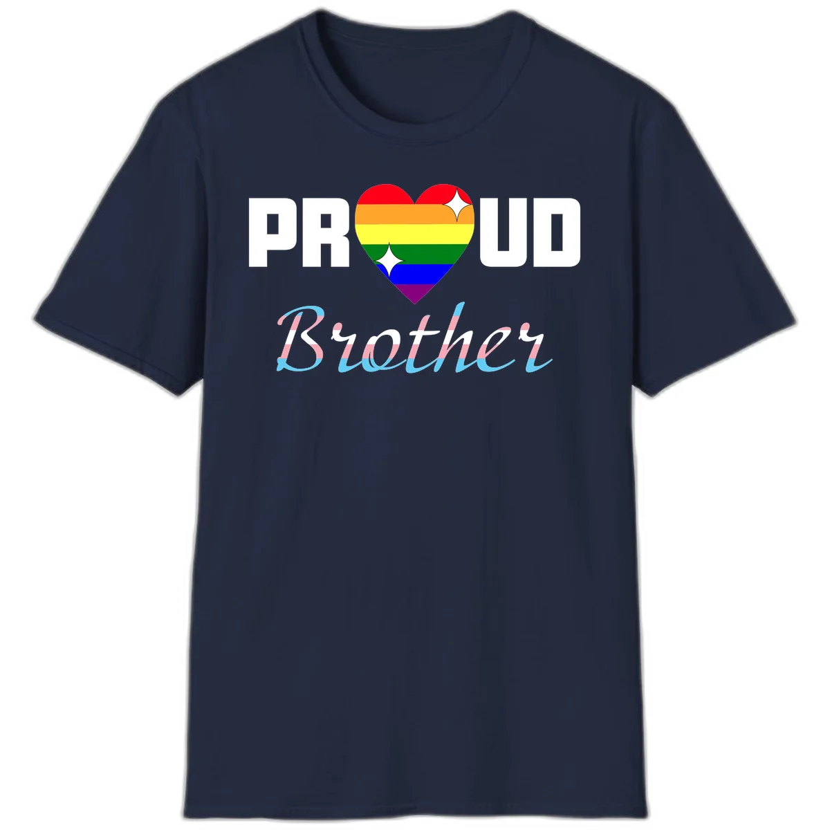 Proud Brother Pride design with rainbow-striped heart and colorful text celebrating LGBTQ+ pride and family support in Navy