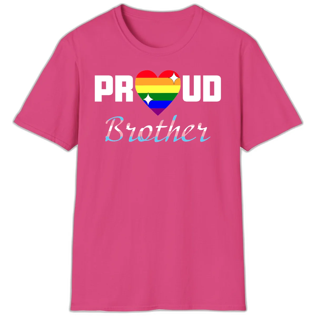 Proud Brother Pride design with rainbow-striped heart and colorful text celebrating LGBTQ+ pride and family support in Heliconia