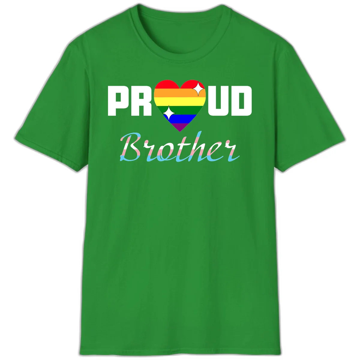 Proud Brother Pride design with rainbow-striped heart and colorful text celebrating LGBTQ+ pride and family support in Irish Green