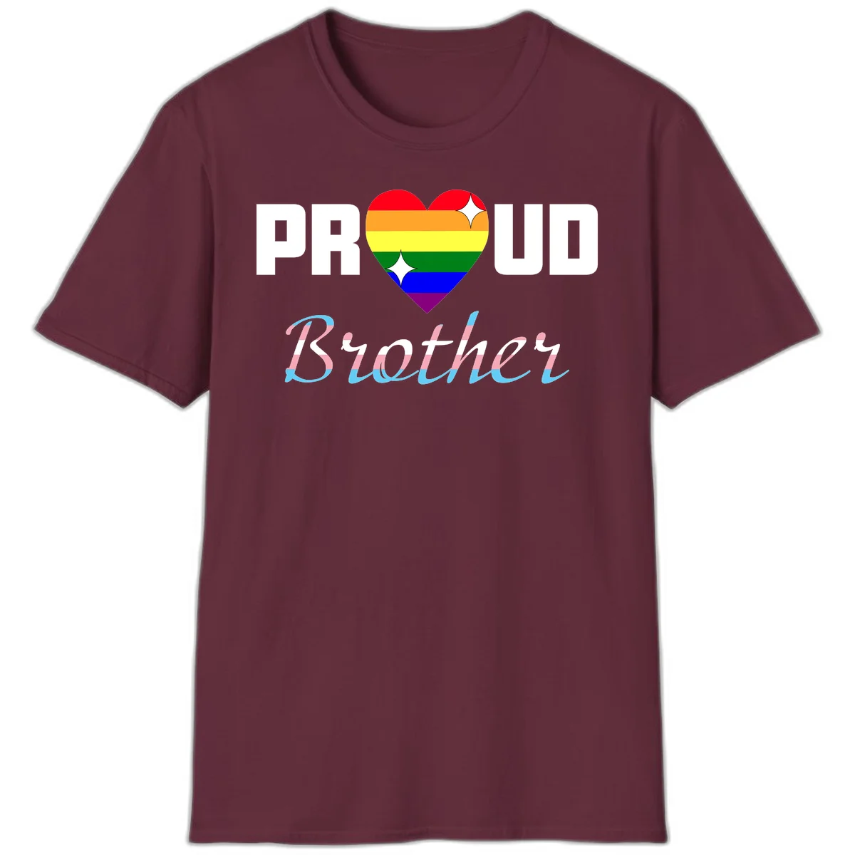 Proud Brother Pride design with rainbow-striped heart and colorful text celebrating LGBTQ+ pride and family support in Maroon