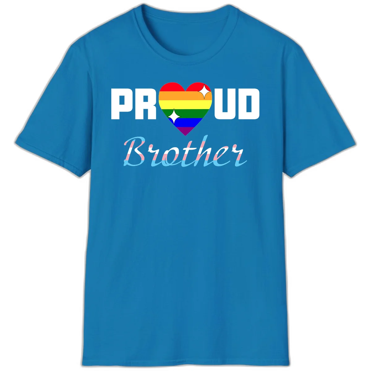 Proud Brother Pride design with rainbow-striped heart and colorful text celebrating LGBTQ+ pride and family support in Sapphire