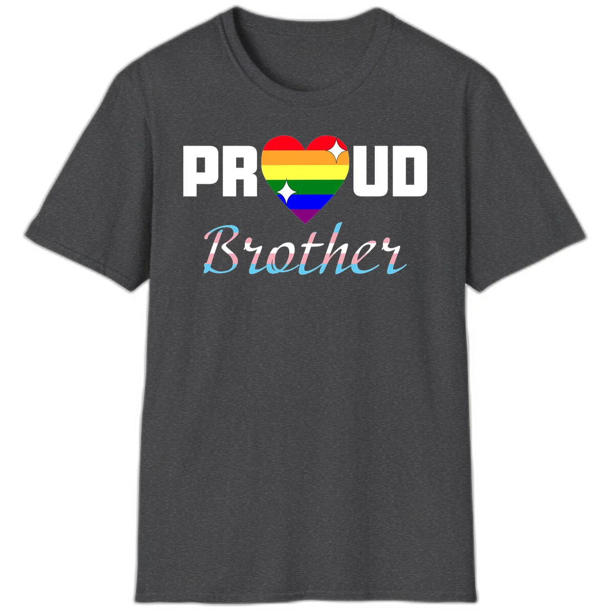 Proud Brother Pride design with rainbow-striped heart and colorful text celebrating LGBTQ+ pride and family support in Dark Heather