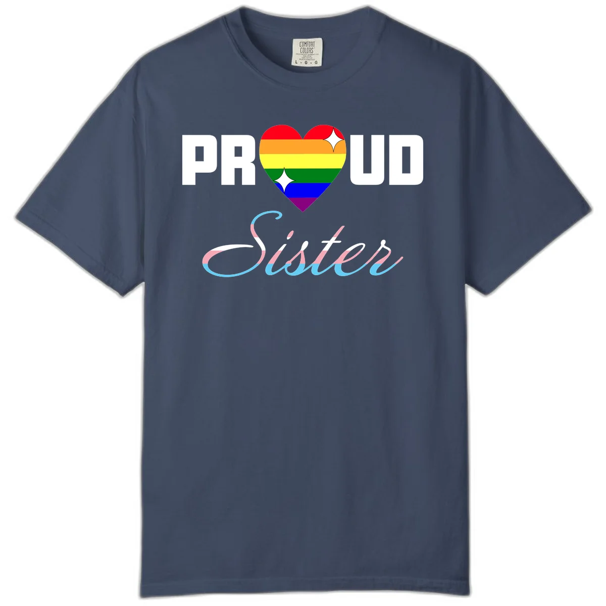 Proud sisters rainbow heart design with pride flag stripes and decorative text celebrating LGBTQ+ sisterhood in Midnight