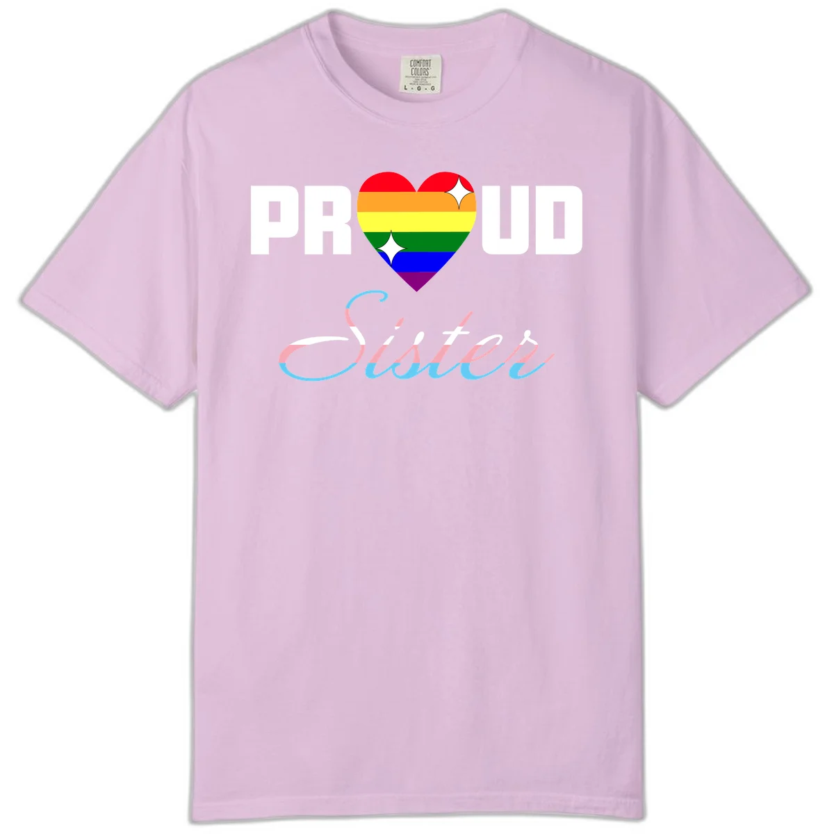 Proud sisters rainbow heart design with pride flag stripes and decorative text celebrating LGBTQ+ sisterhood in Orchid