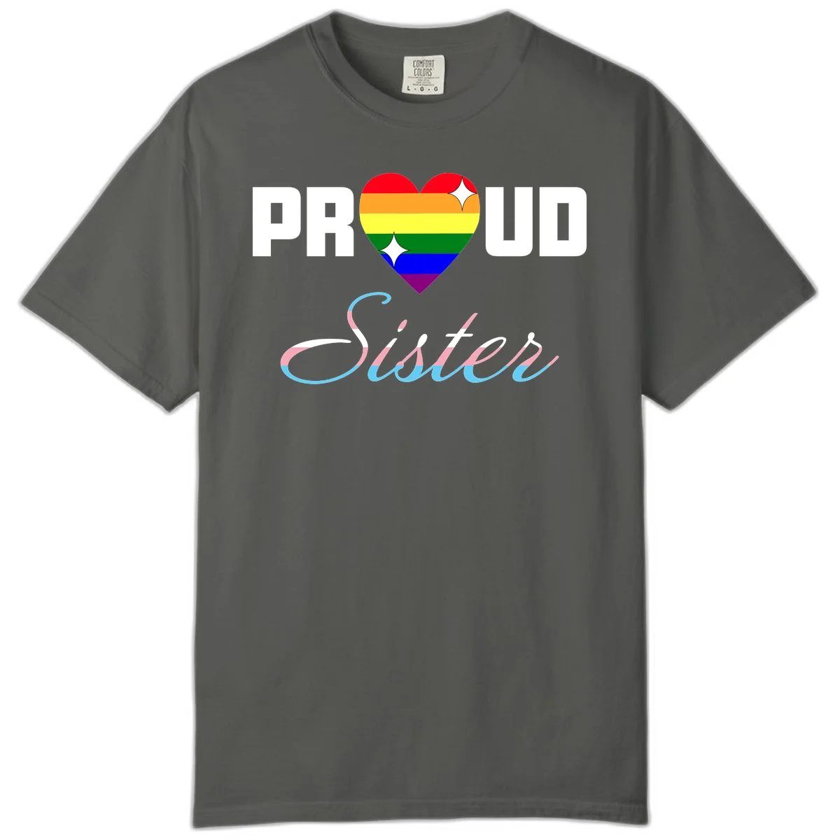 Proud sisters rainbow heart design with pride flag stripes and decorative text celebrating LGBTQ+ sisterhood in Pepper