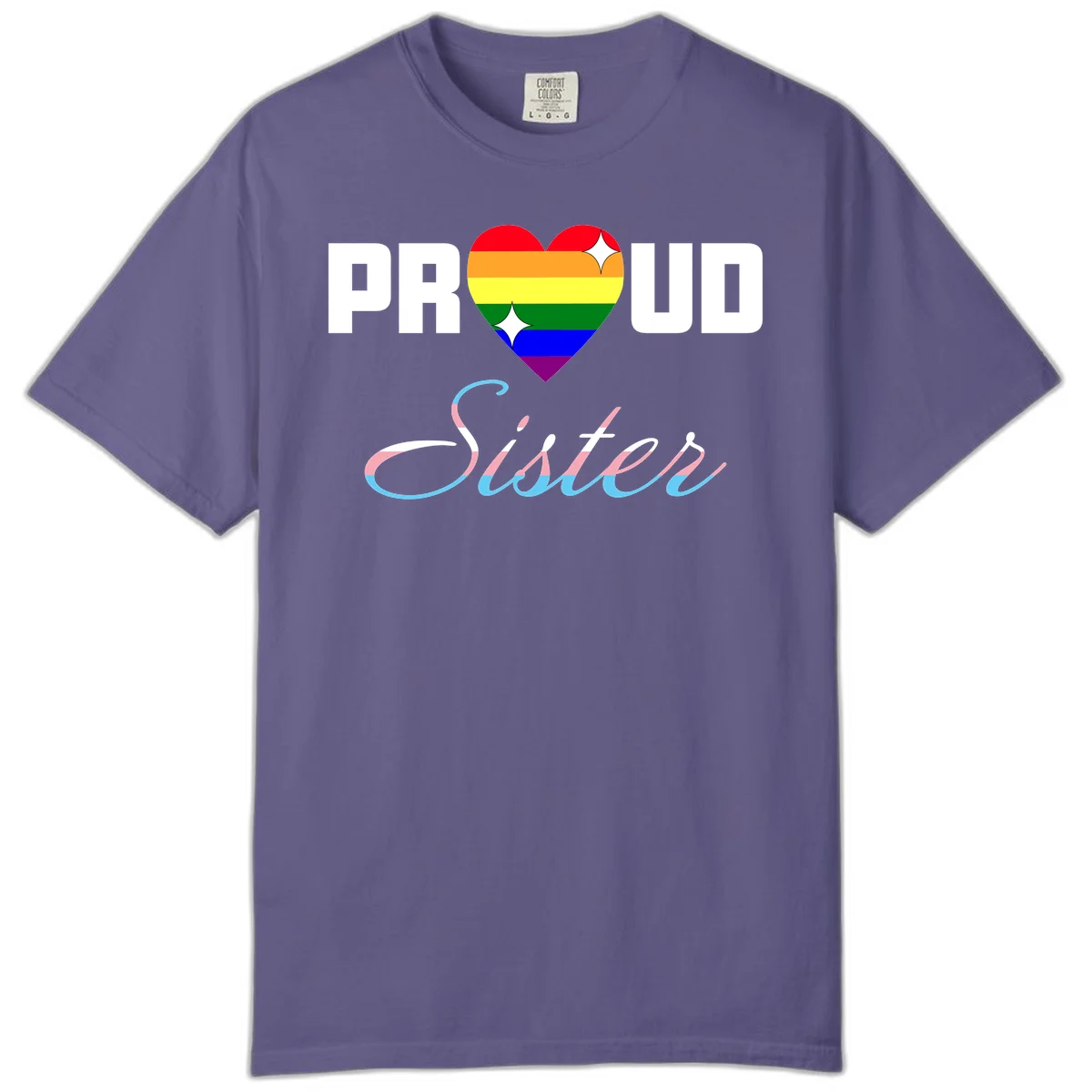 Proud sisters rainbow heart design with pride flag stripes and decorative text celebrating LGBTQ+ sisterhood in Grape