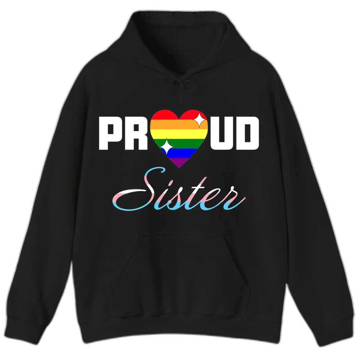 Proud sisters rainbow heart design with pride flag stripes and decorative text celebrating LGBTQ+ sisterhood in Black