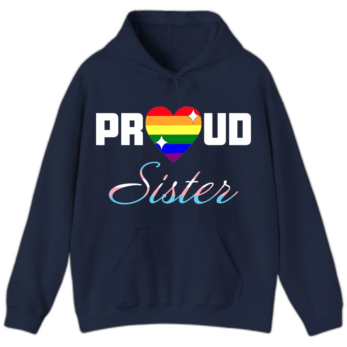 Proud sisters rainbow heart design with pride flag stripes and decorative text celebrating LGBTQ+ sisterhood in Navy
