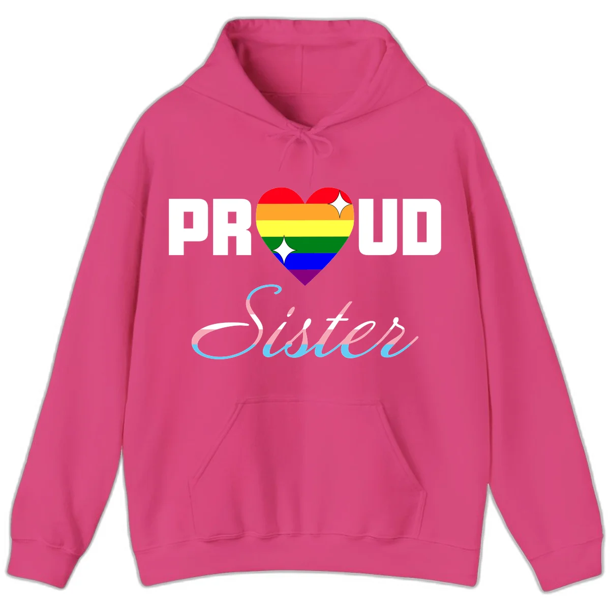 Proud sisters rainbow heart design with pride flag stripes and decorative text celebrating LGBTQ+ sisterhood in Heliconia