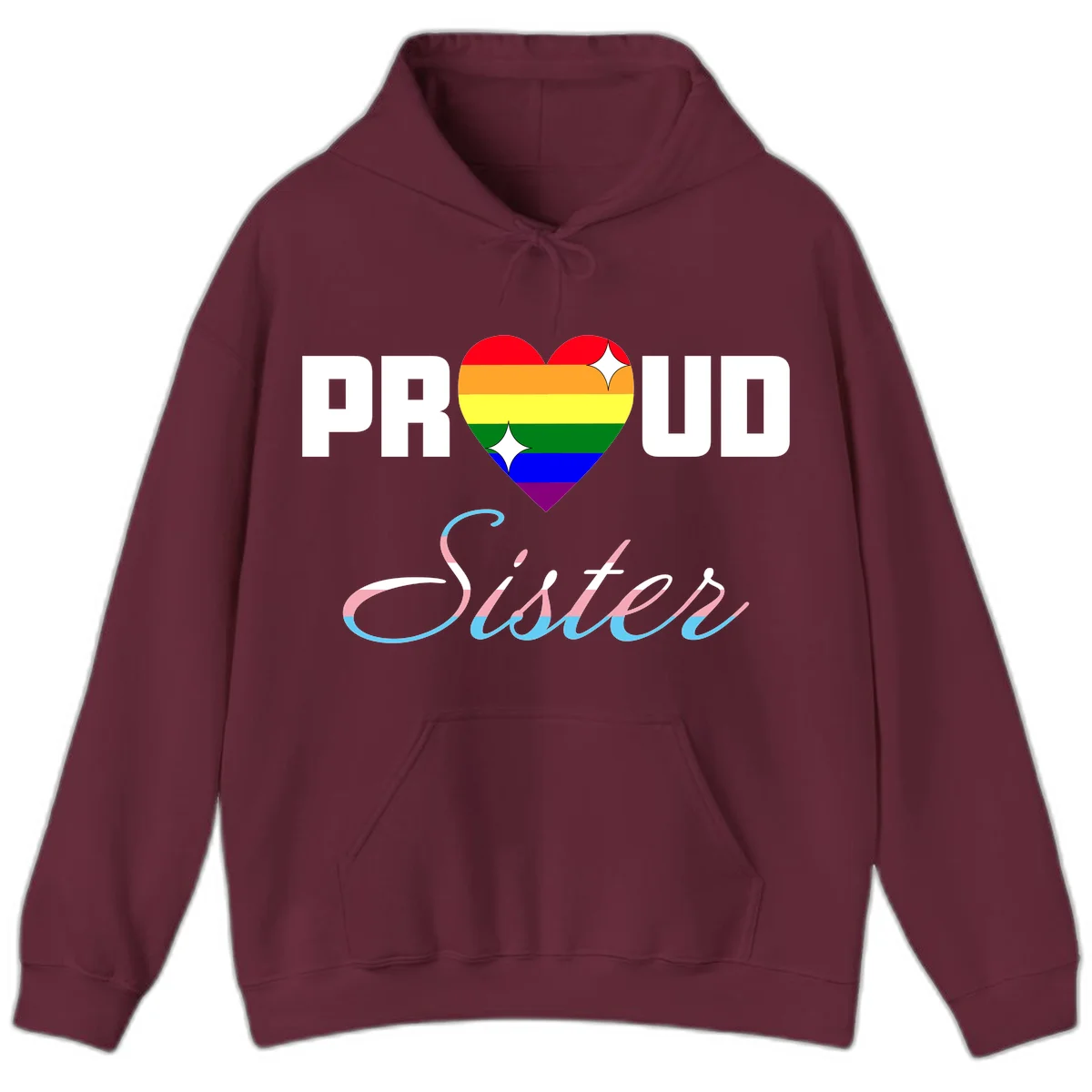 Proud sisters rainbow heart design with pride flag stripes and decorative text celebrating LGBTQ+ sisterhood in Maroon