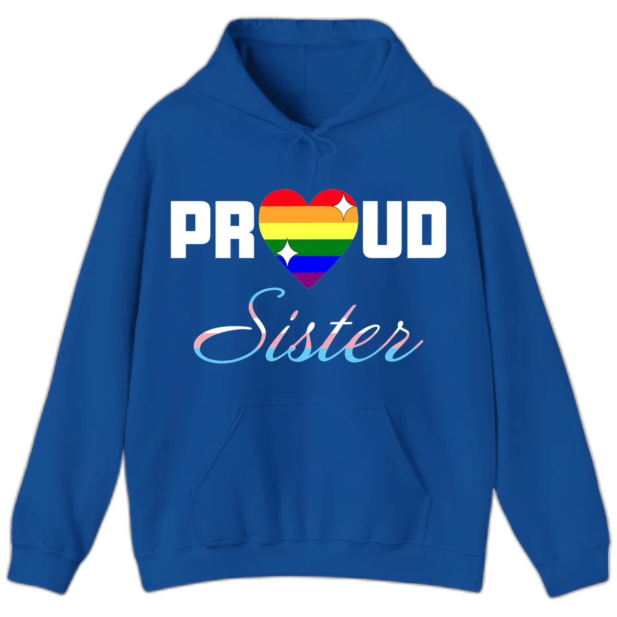 Proud sisters rainbow heart design with pride flag stripes and decorative text celebrating LGBTQ+ sisterhood in Royal