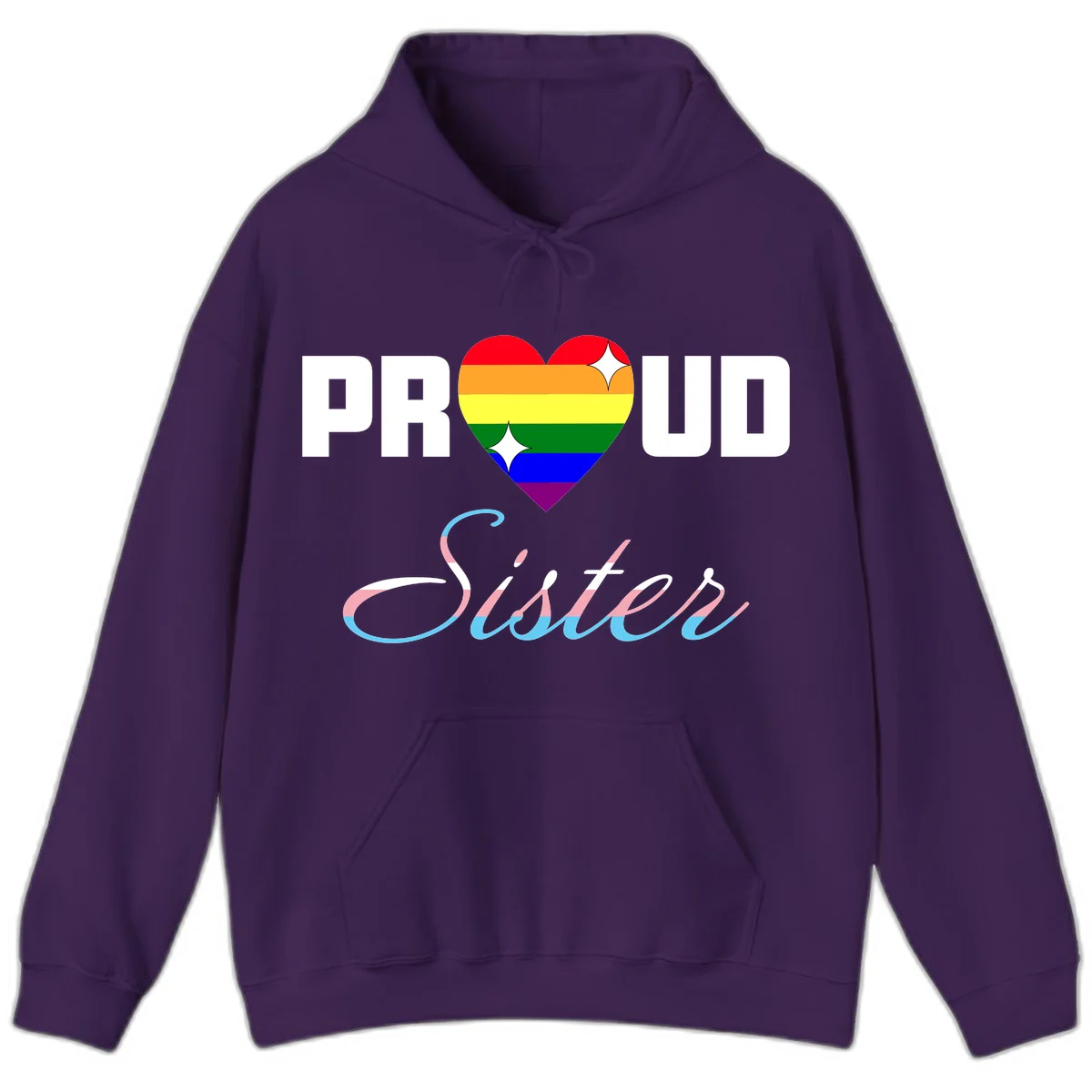 Proud sisters rainbow heart design with pride flag stripes and decorative text celebrating LGBTQ+ sisterhood in Purple
