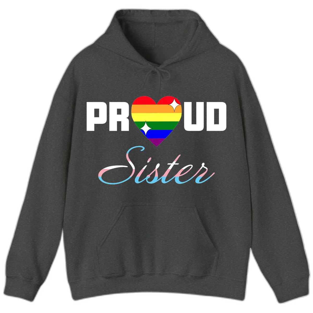 Proud sisters rainbow heart design with pride flag stripes and decorative text celebrating LGBTQ+ sisterhood in Dark Heather