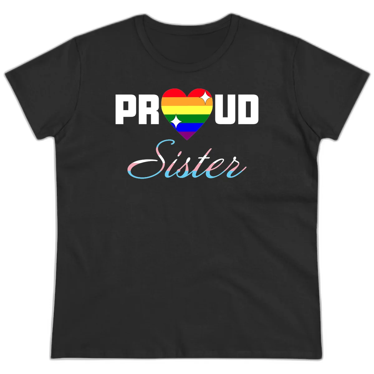 Proud sisters rainbow heart design with pride flag stripes and decorative text celebrating LGBTQ+ sisterhood in Black