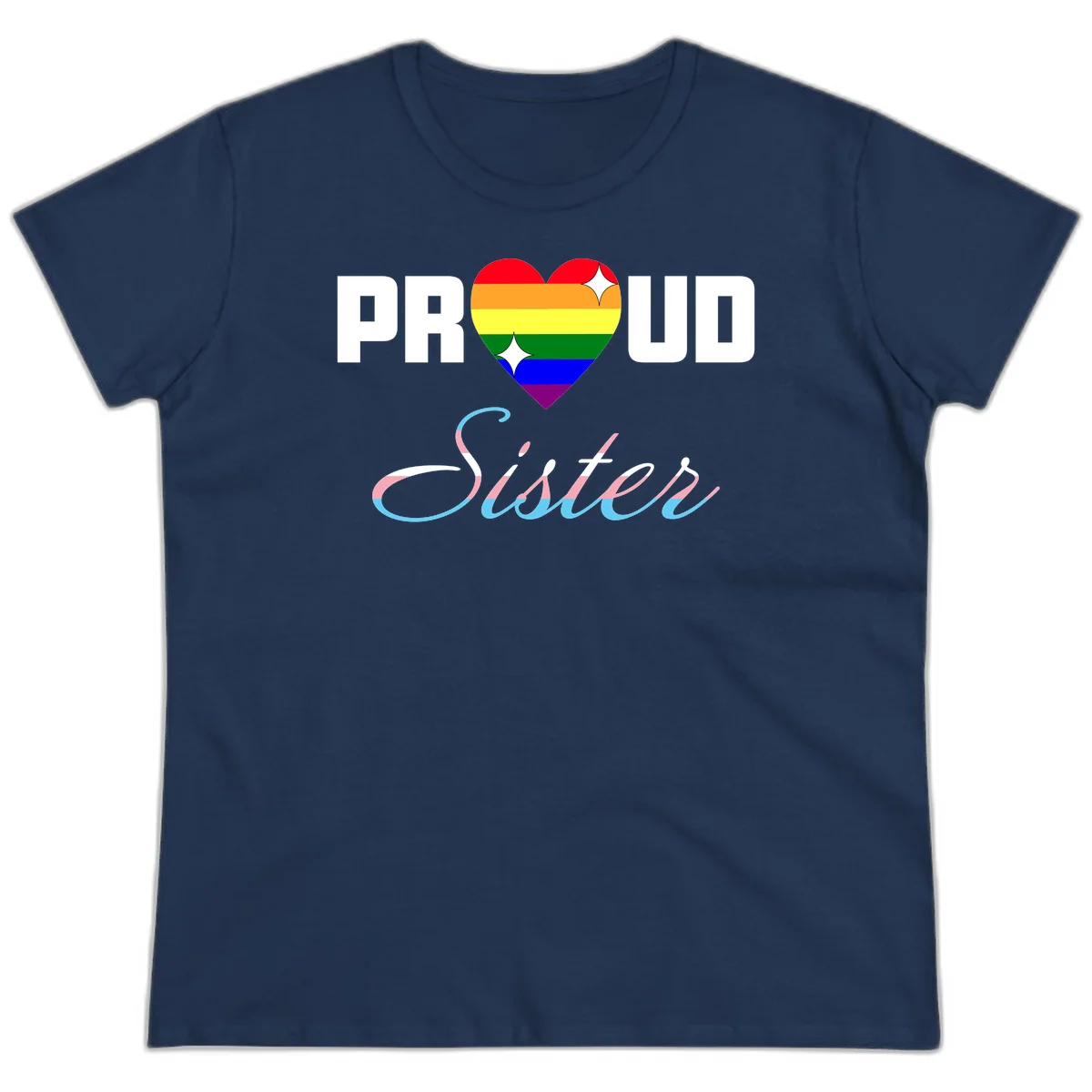 Proud sisters rainbow heart design with pride flag stripes and decorative text celebrating LGBTQ+ sisterhood in Navy