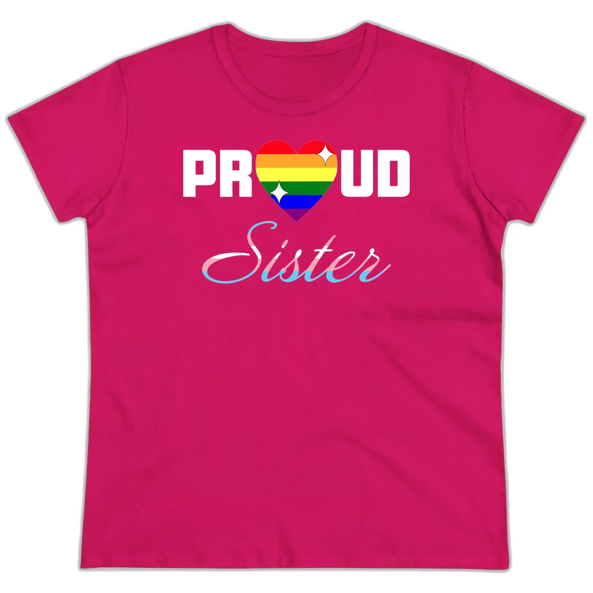 Proud sisters rainbow heart design with pride flag stripes and decorative text celebrating LGBTQ+ sisterhood in Heliconia