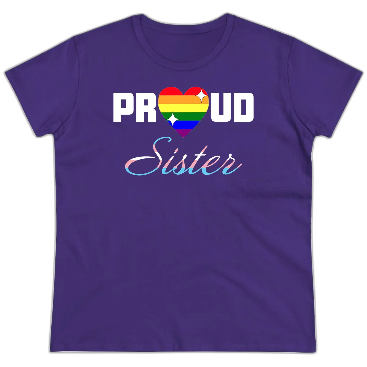 Proud sisters rainbow heart design with pride flag stripes and decorative text celebrating LGBTQ+ sisterhood in Purple