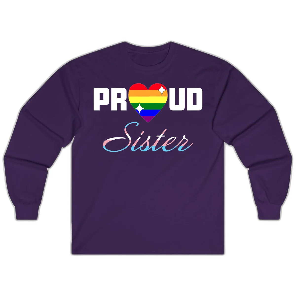 Proud sisters rainbow heart design with pride flag stripes and decorative text celebrating LGBTQ+ sisterhood in Purple