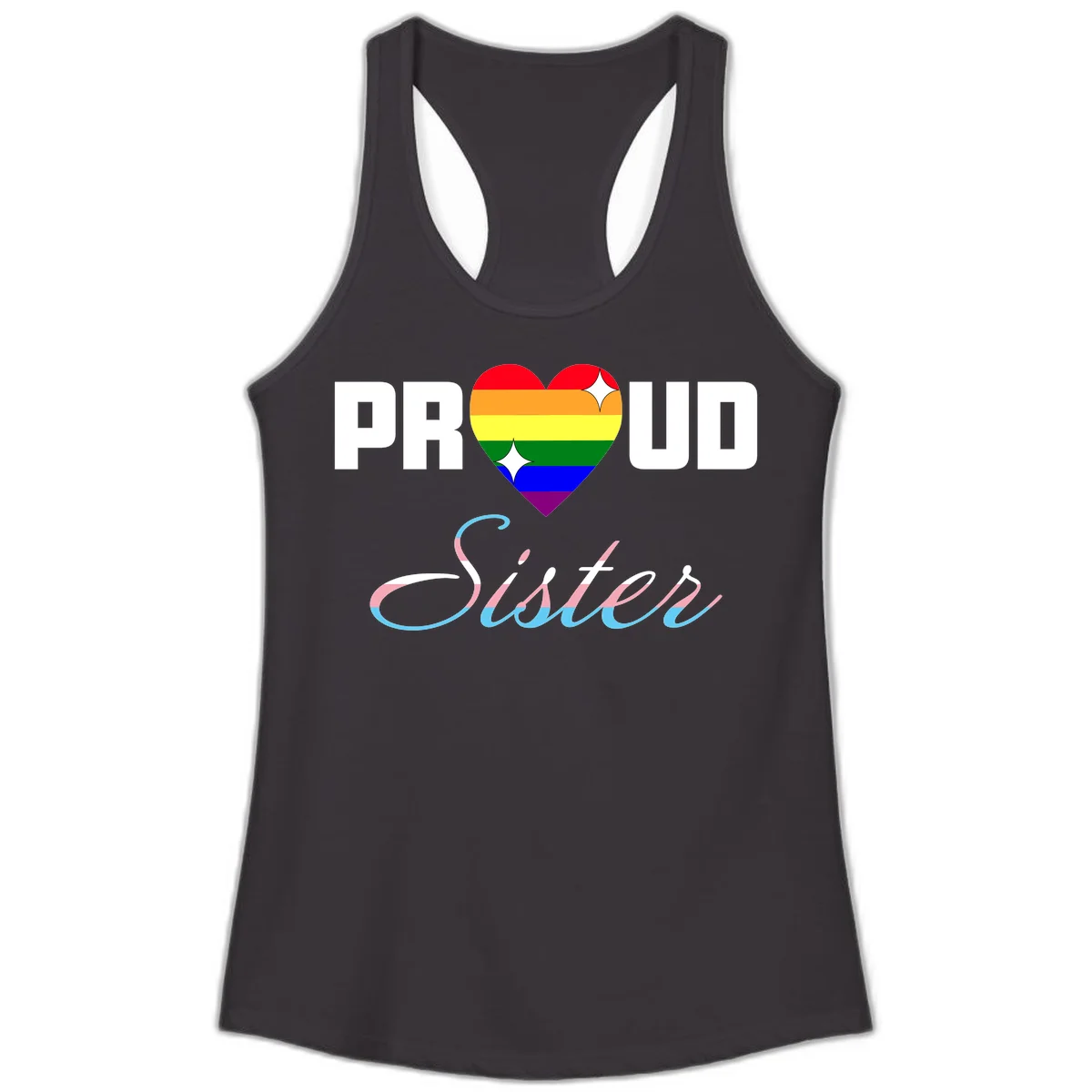 Proud sisters rainbow heart design with pride flag stripes and decorative text celebrating LGBTQ+ sisterhood in Black