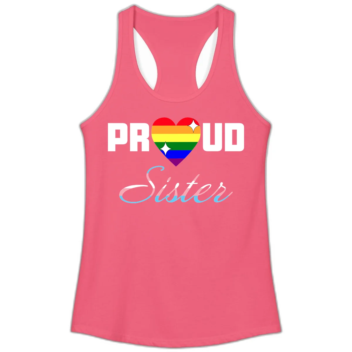 Proud sisters rainbow heart design with pride flag stripes and decorative text celebrating LGBTQ+ sisterhood in Hot Pink