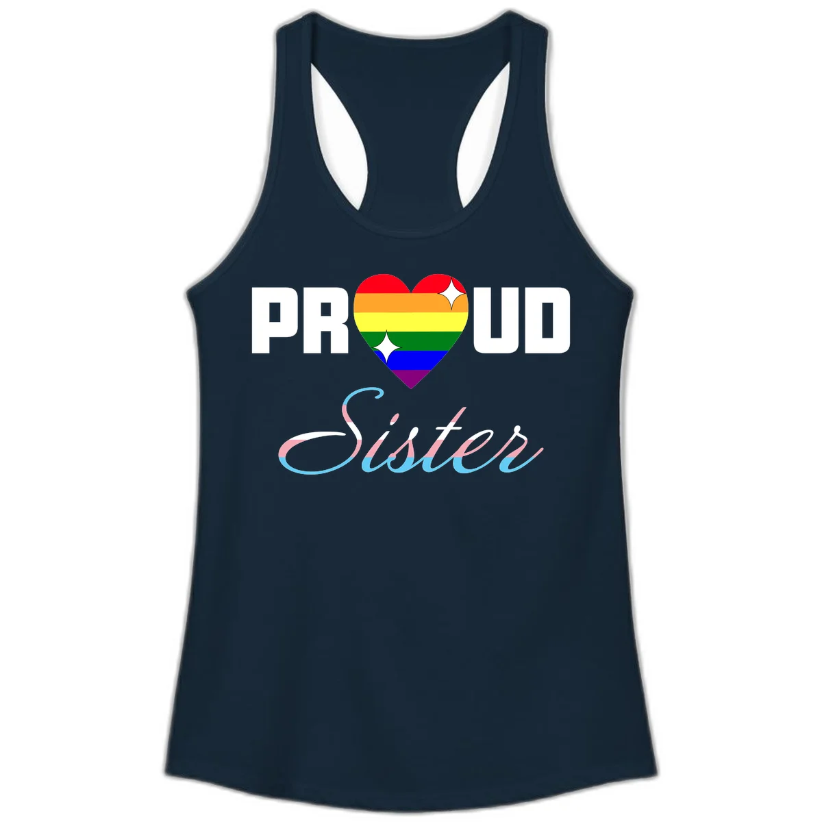 Proud sisters rainbow heart design with pride flag stripes and decorative text celebrating LGBTQ+ sisterhood in Solid Midnight Navy