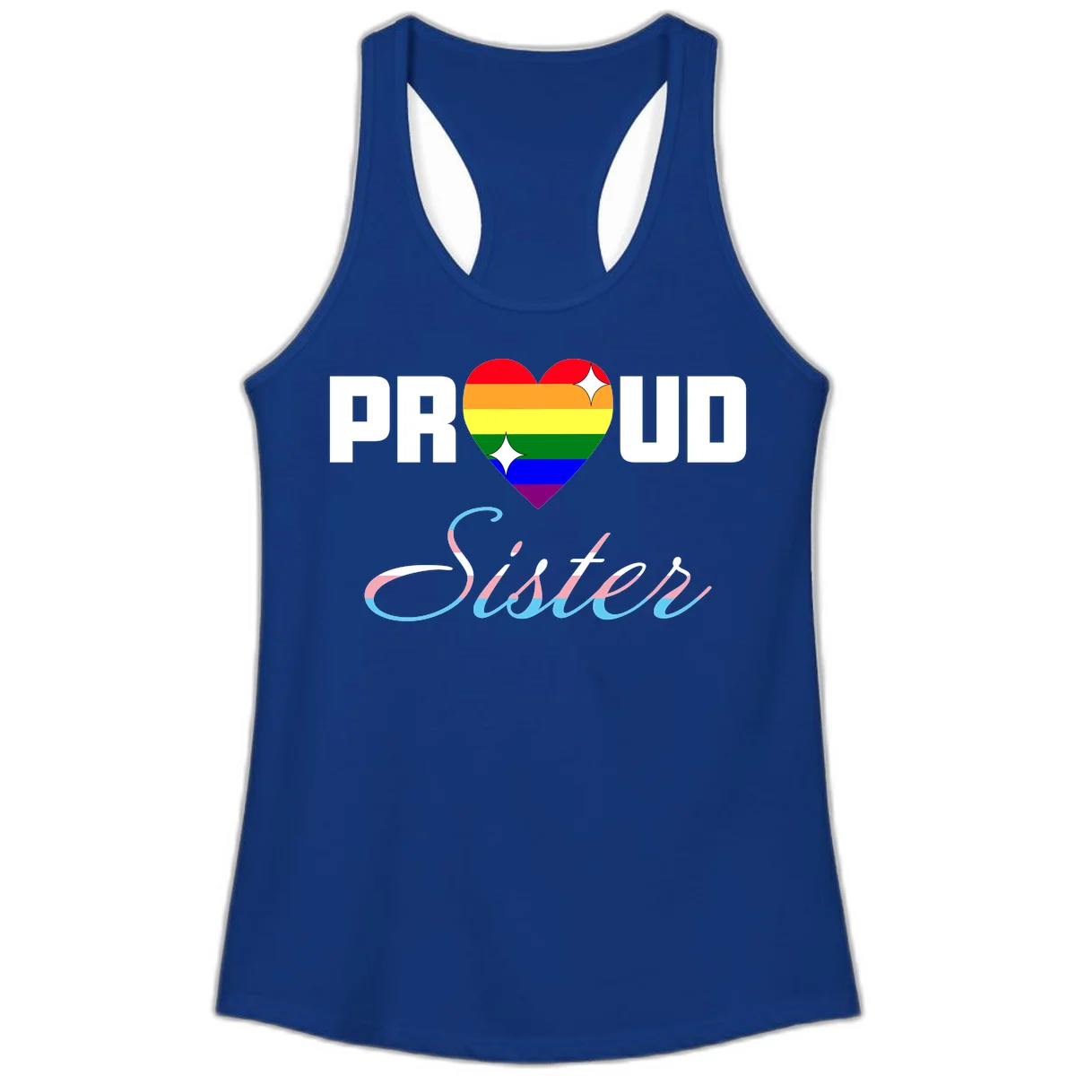 Proud sisters rainbow heart design with pride flag stripes and decorative text celebrating LGBTQ+ sisterhood in Solid Royal