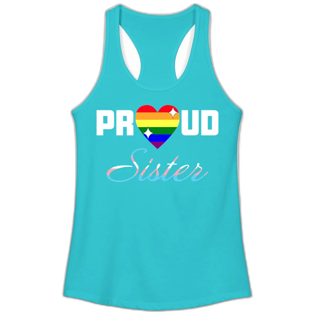 Proud sisters rainbow heart design with pride flag stripes and decorative text celebrating LGBTQ+ sisterhood in Solid Tahiti Blue