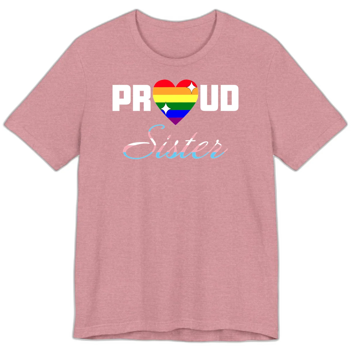 Proud sisters rainbow heart design with pride flag stripes and decorative text celebrating LGBTQ+ sisterhood in Heather Orchid