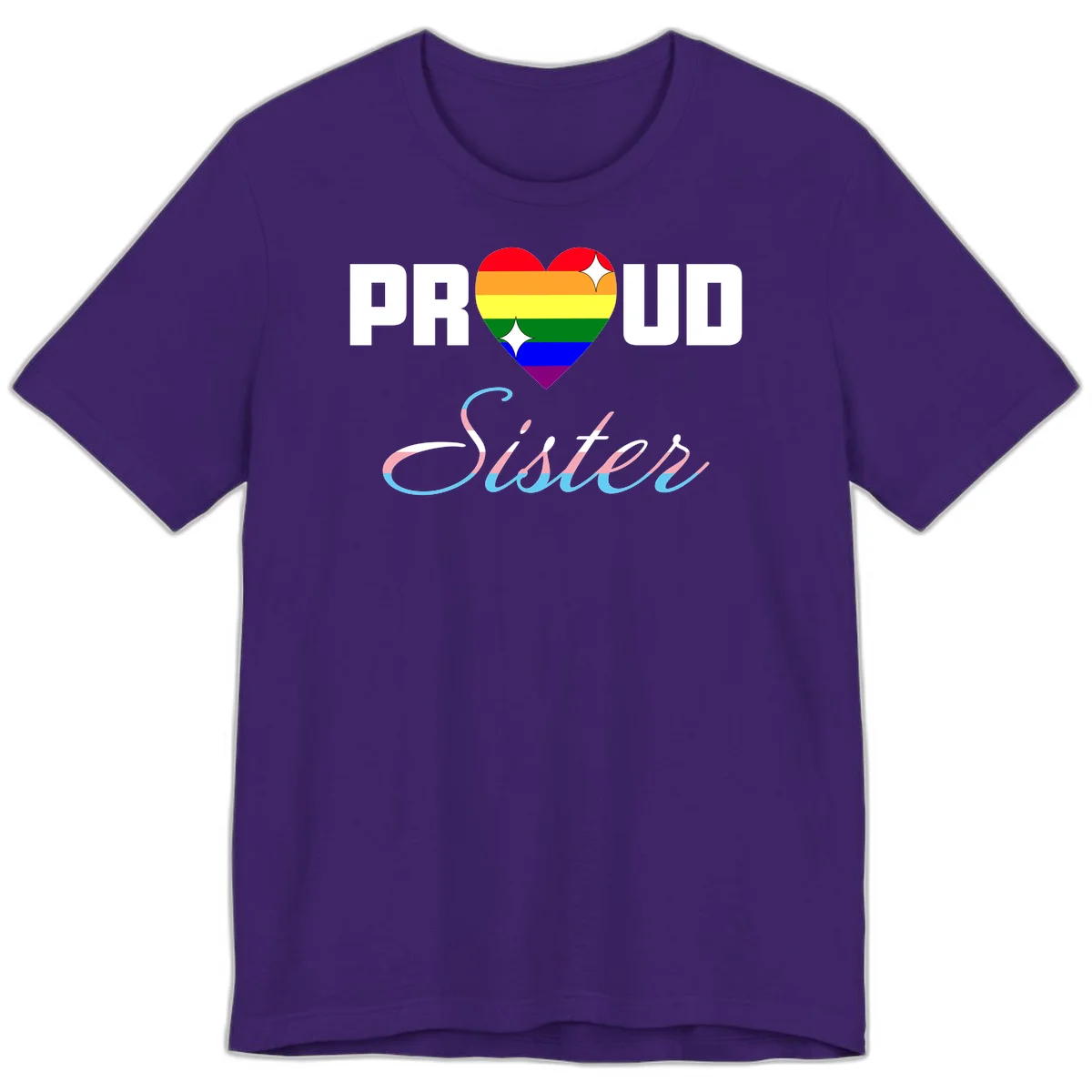 Proud sisters rainbow heart design with pride flag stripes and decorative text celebrating LGBTQ+ sisterhood in Team Purple