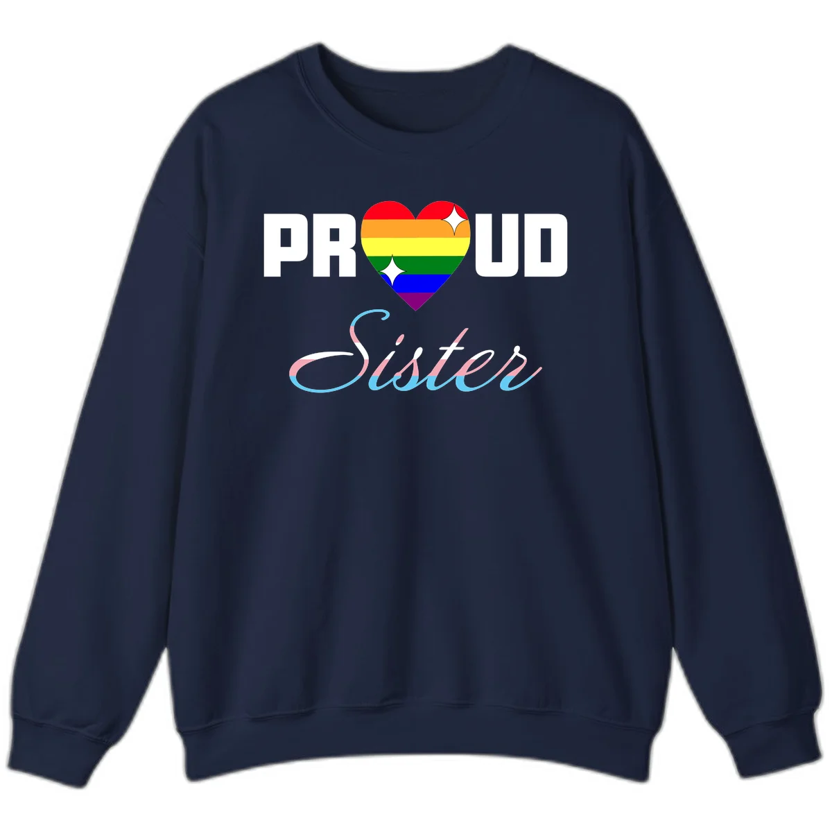 Proud sisters rainbow heart design with pride flag stripes and decorative text celebrating LGBTQ+ sisterhood in Navy